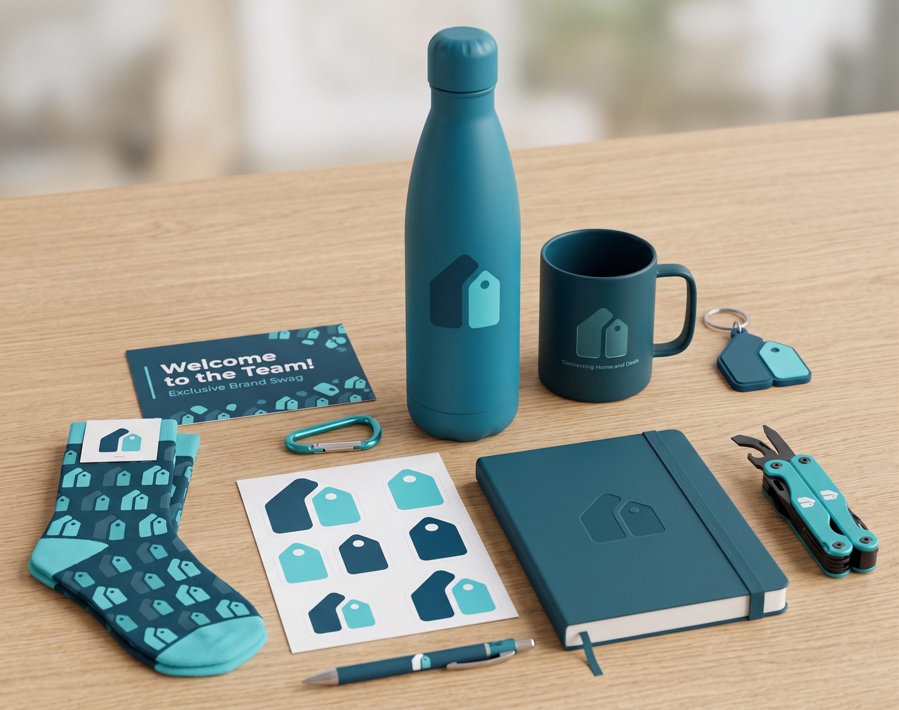 Branded onboarding kit: bottle, mug, notebook, socks, stickers and welcome card, laid out on a desk