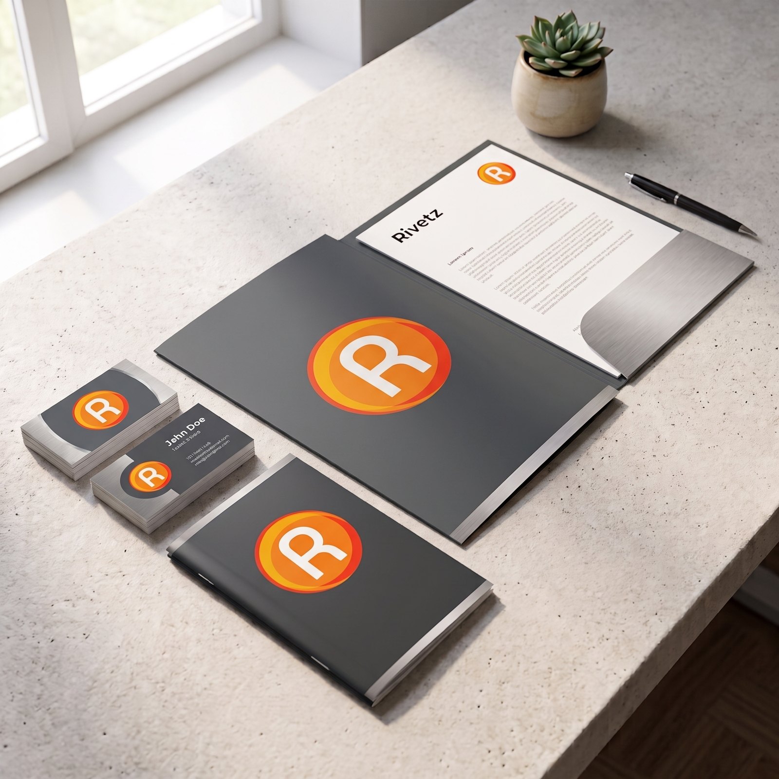 Rivetz stationery on a countertop: presentation folder, letterhead and business cards carrying the orange R roundel